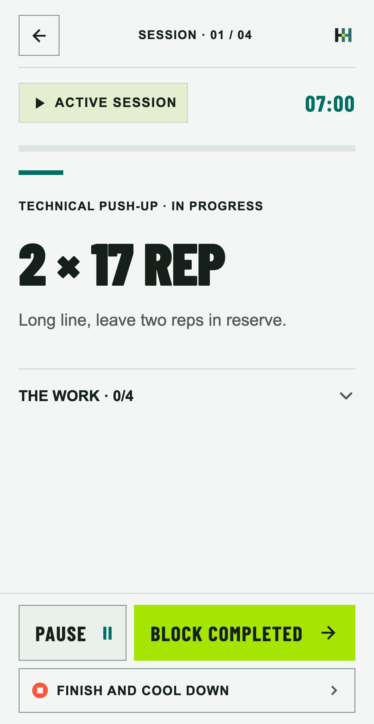 Home Hero active session with push-up instructions, elapsed time, pause and finish controls.