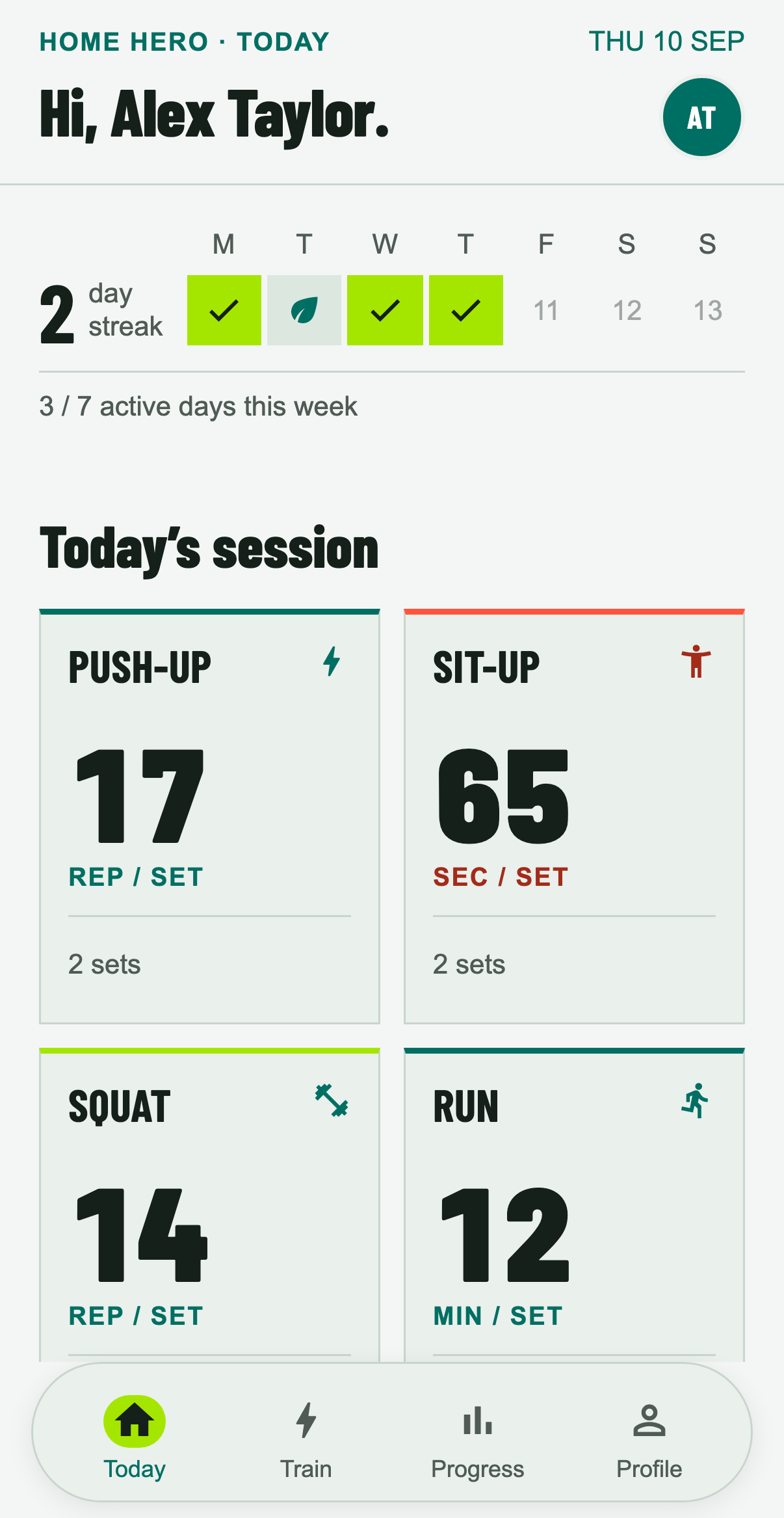 Home Hero Today screen from the current app preview, with sample data.