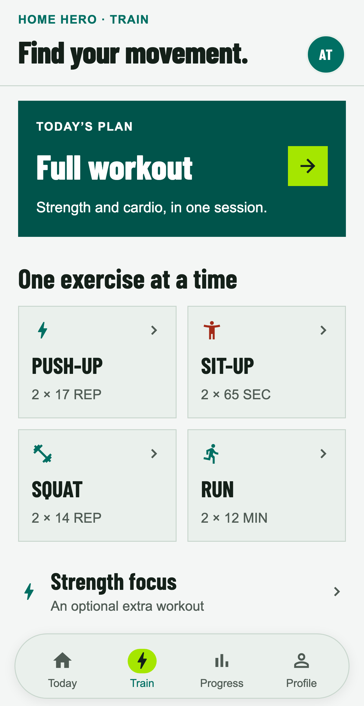 Home Hero Train screen with a full workout, individual exercises and cardio options.